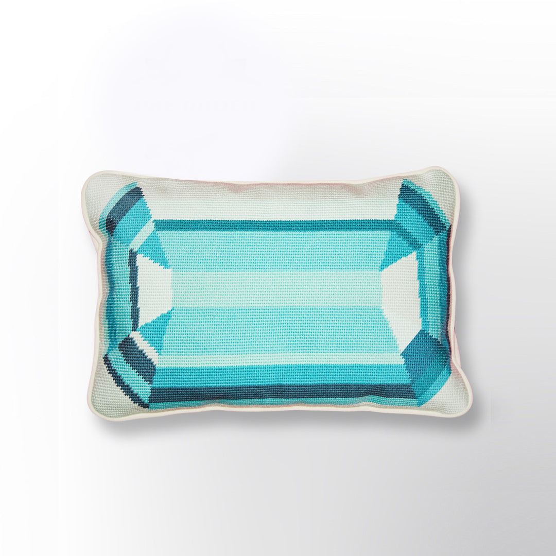 Blue Emerald Embroidered Needlepoint Pillow
