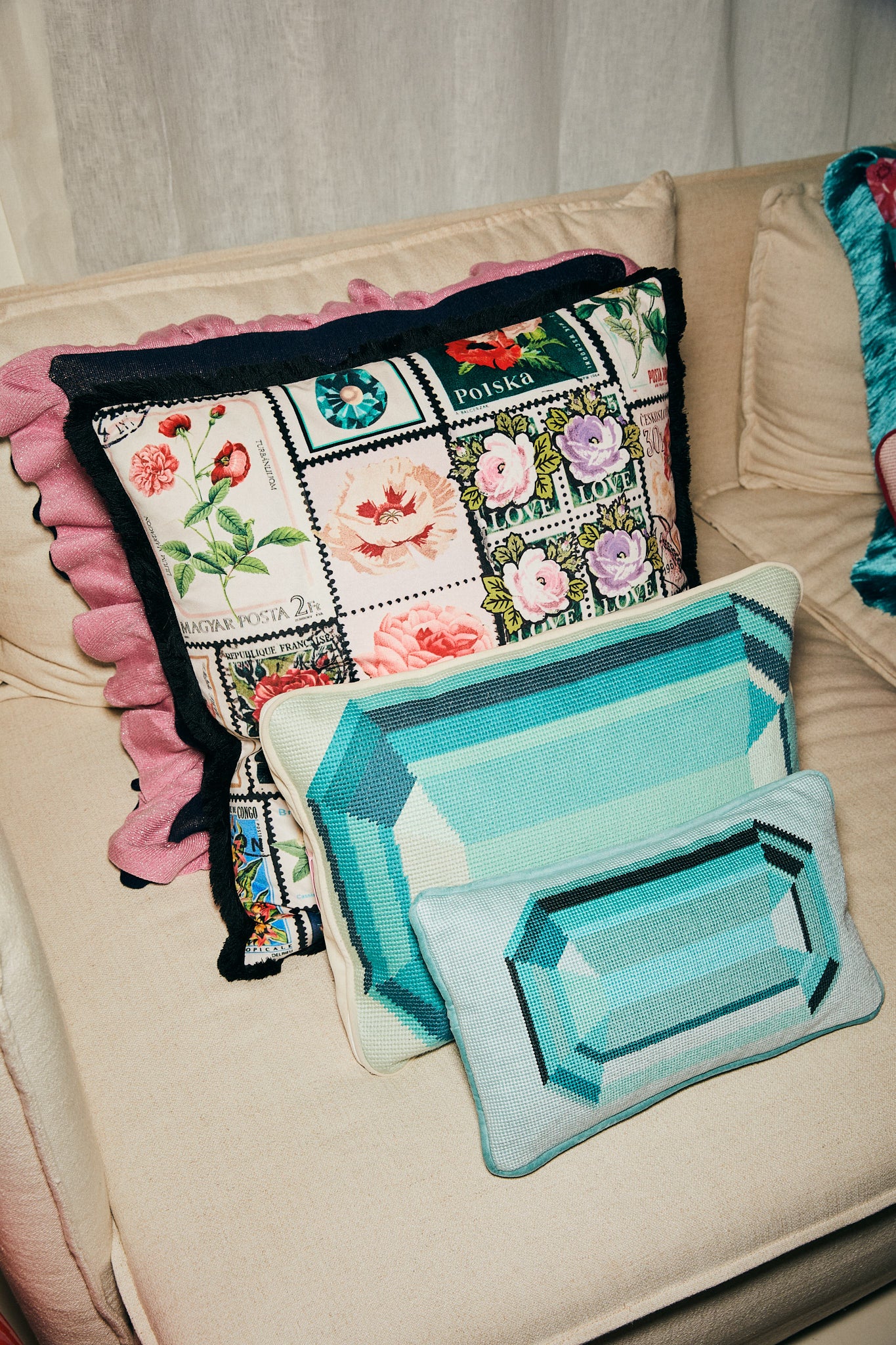 The Blue Emerald Embroidered Needle Point Cushion