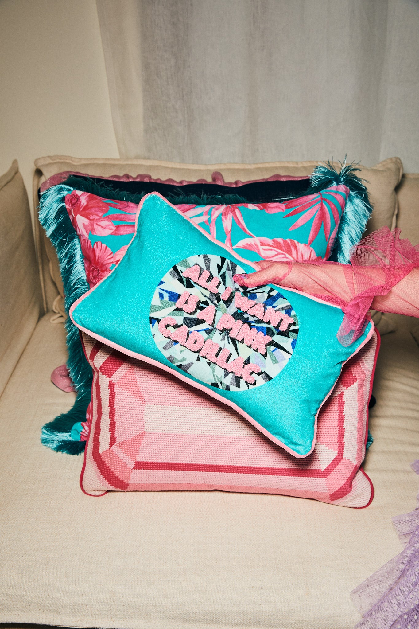 All I Want Is A Pink Cadillac printed & embroidered Cushion