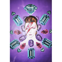 Icon Artwork: Bowie, an original painting of a lightning bolt portrait surrounded by gems on purple