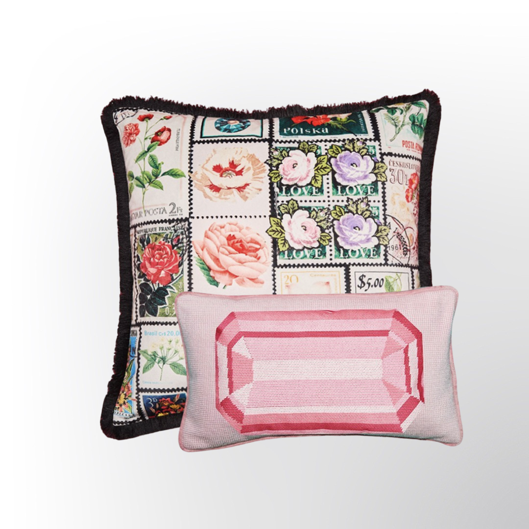 Vintage Stamp & Mini  Rose Quartz Needlepoint pillow Bundle-Save over 30%