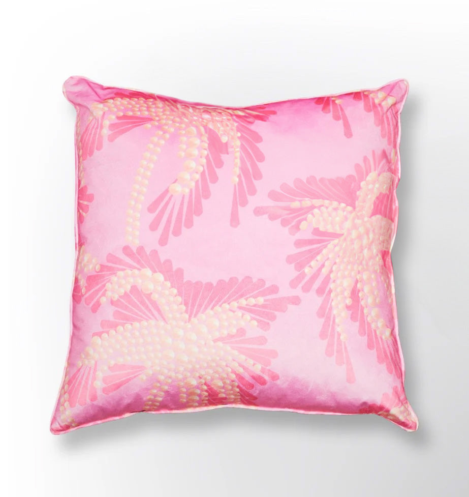 "Pink Pearl Palm Tree" Printed Velvet Pillow