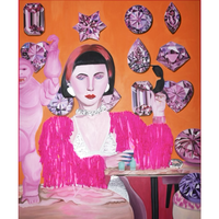 Jen in Wonderland Artwork, an original self portrait in pink fringe surrounded by gems on orange