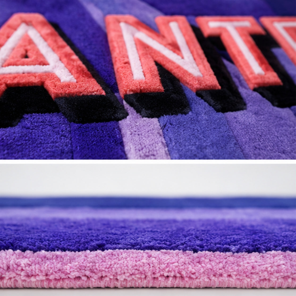 Detail of the hand-carved facets and one-inch wool pile on the purple All I Ever Wanted Was Everything Gem Rug