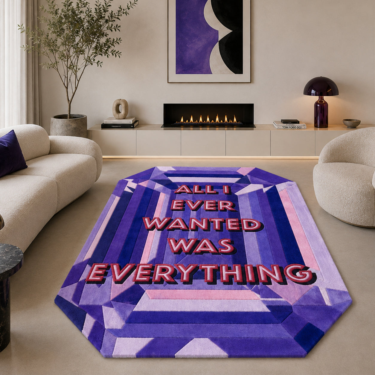 All I Ever Wanted Was Everything Gem Rug styled in a modern living room with a white sofa