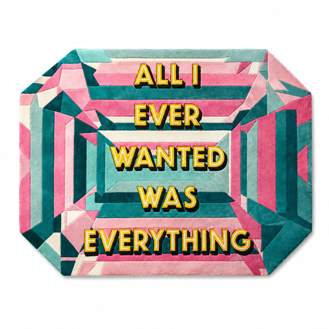 All I Ever Wanted Was Everything Pastel Gem Rug in pink, teal and yellow, an emerald cut gem shaped rug with the words tufted across it