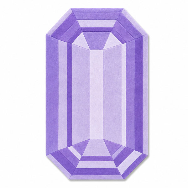 Amethyst Lilac Emerald Gem Rug, an emerald cut gem shaped wool rug in lilac and lavender