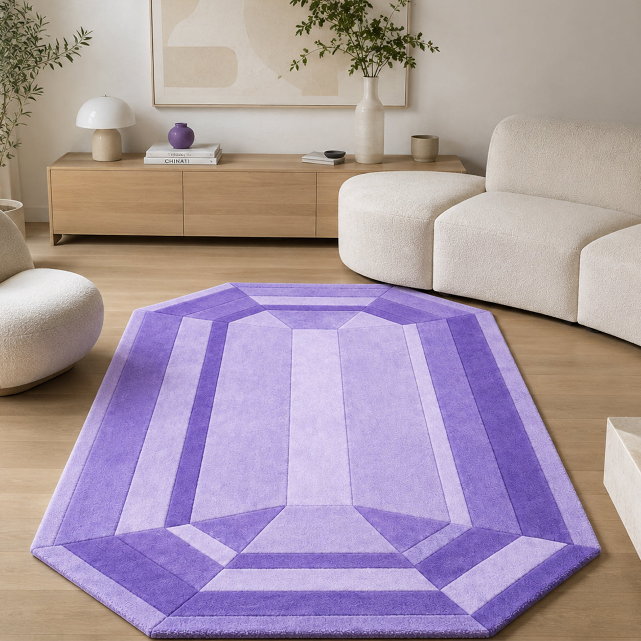 Amethyst Lilac Emerald Gem Rug styled in a bright living room with a cream sofa