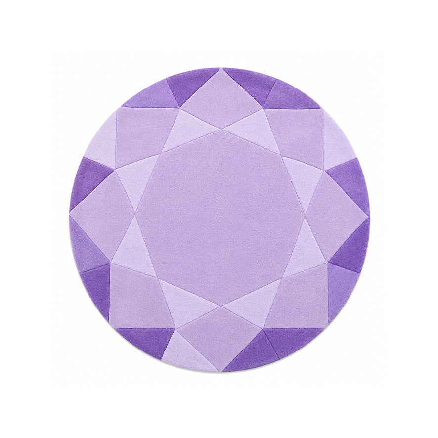 Amethyst Lilac Round Gem Rug, a round brilliant cut gem shaped wool rug in lilac and lavender