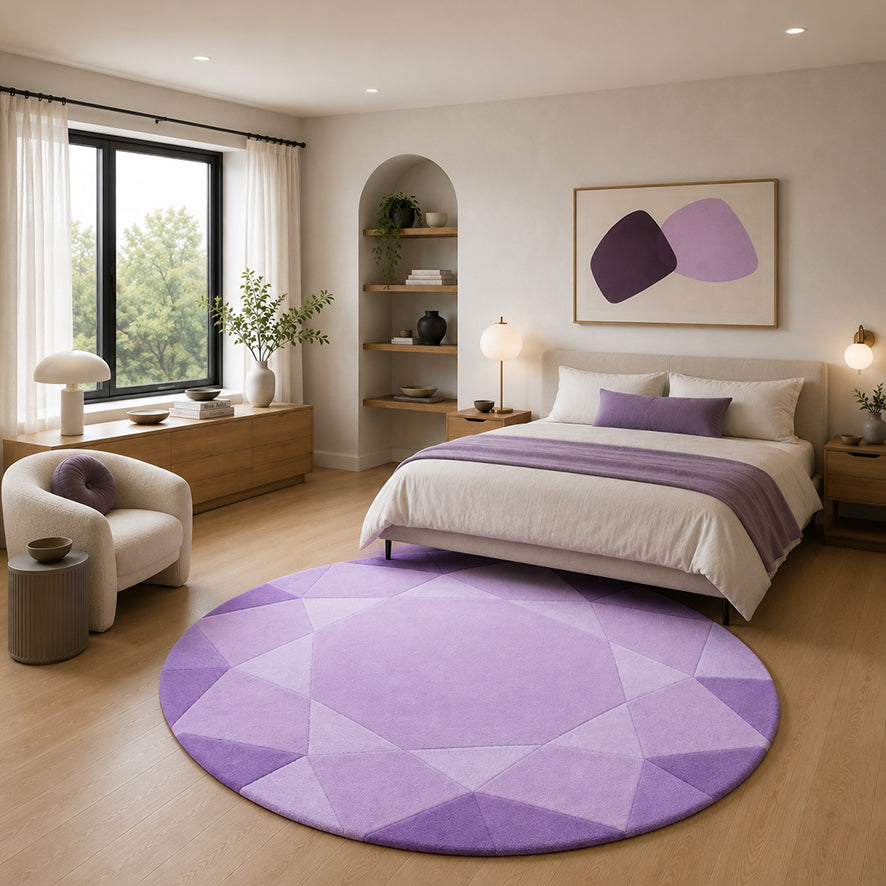 Amethyst Lilac Round Gem Rug styled at the foot of a bed in a bright bedroom