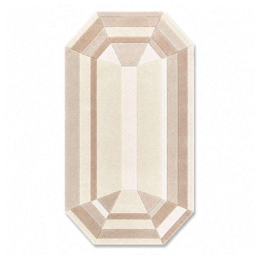 Beige Emerald Gem Rug, an emerald cut gem shaped wool rug in sand, oat and cream