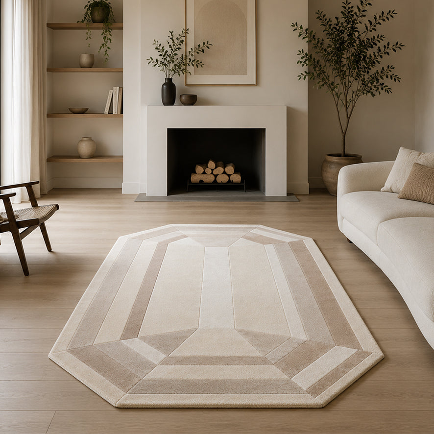 Beige Emerald Gem Rug styled in a neutral living room with a cream sofa