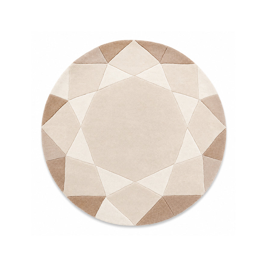 Beige Round Gem Rug, a round brilliant cut gem shaped wool rug in sand, oat and cream