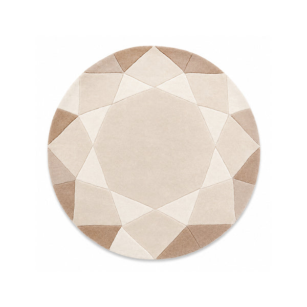 Beige Round Gem Rug, a round brilliant cut gem shaped wool rug in sand, oat and cream