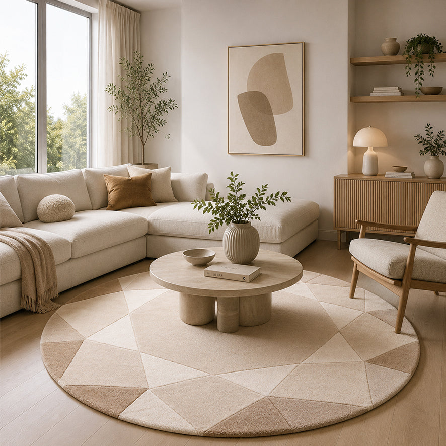 Beige Round Gem Rug styled under a coffee table in a neutral living room