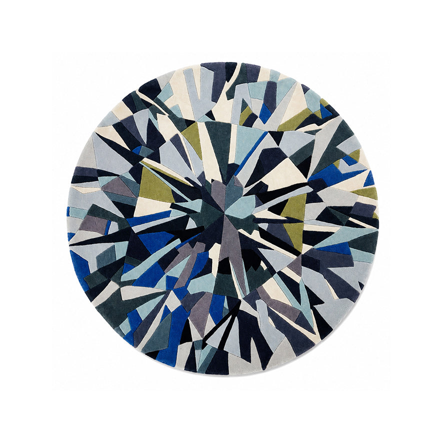 Blue Diamond Round Gem Rug, a round brilliant cut diamond shaped wool rug in blue, navy, silver and white