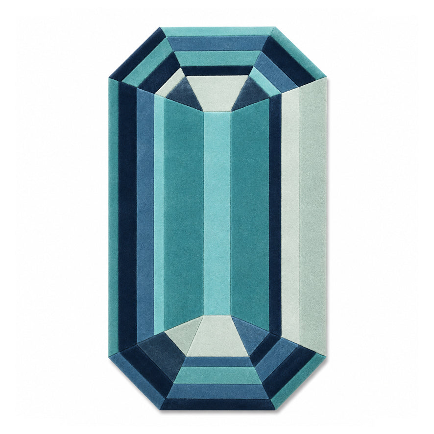 Blue Emerald Gem Rug, an emerald cut gem shaped wool rug in teal, aqua and navy
