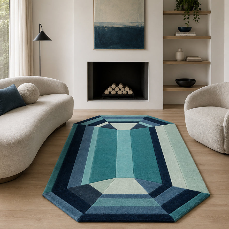 Blue Emerald Gem Rug styled in a living room with a fireplace and cream sofa