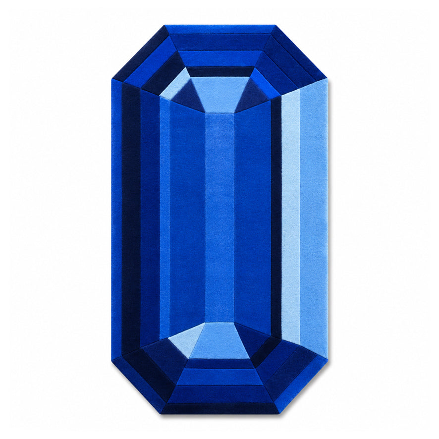 Blue Sapphire Emerald Gem Rug, an emerald cut gem shaped wool rug in cobalt and royal blue