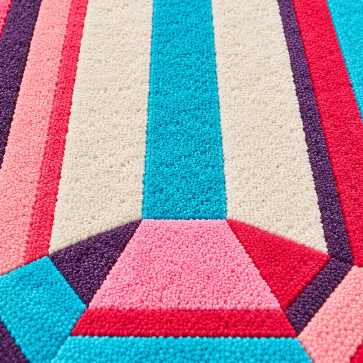 Close-up of the facets on the Bubblegum Emerald Gem Rug popping from fuchsia to pale blue and cream at the center
