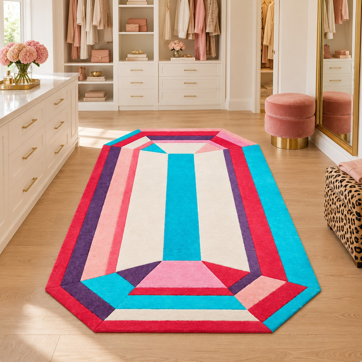 Bubblegum Emerald Gem Rug on the floor of a bright dressing room or girl's bedroom