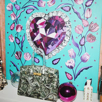 Floral Heart Artwork, an original painting of a pink gem heart with tulips on turquoise