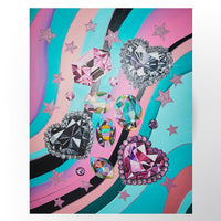 Galaxy Gem Hearts Artwork, an original painting of gem hearts on a pink, black and turquoise swirl