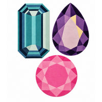 Gem Cluster Rug Set, a small Blue Emerald, Amethyst Drop and Rose Quartz Round gem rug in blue, purple and pink, lay-flat view