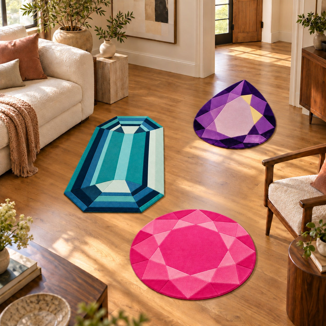Gem Cluster Rug Set of three mini gem rugs scattered on the wooden floor of a sunny living room
