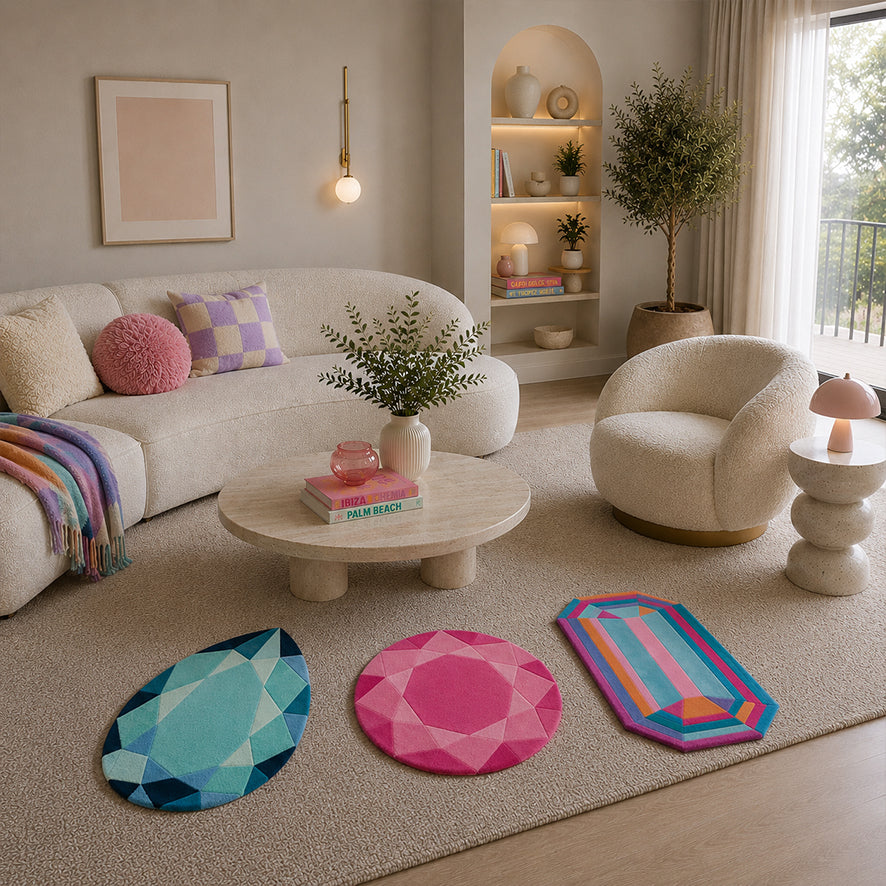 Gem Cluster Rug Set of three gem rugs styled in a bright living room