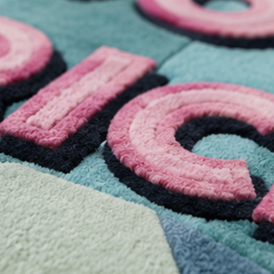 Close-up of the pink tufted lettering on the It's Hard To Be Rich Custom Emerald Gem Rug