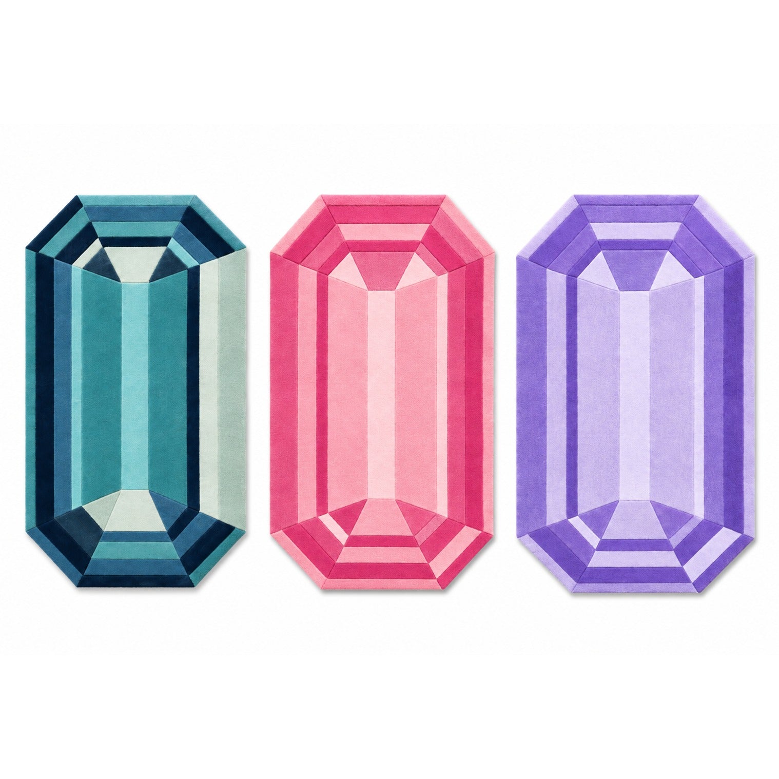 The Mini Gem Emerald Rug Bundle, three mini emerald cut gem rugs in blue, amethyst and rose quartz, lay-flat view