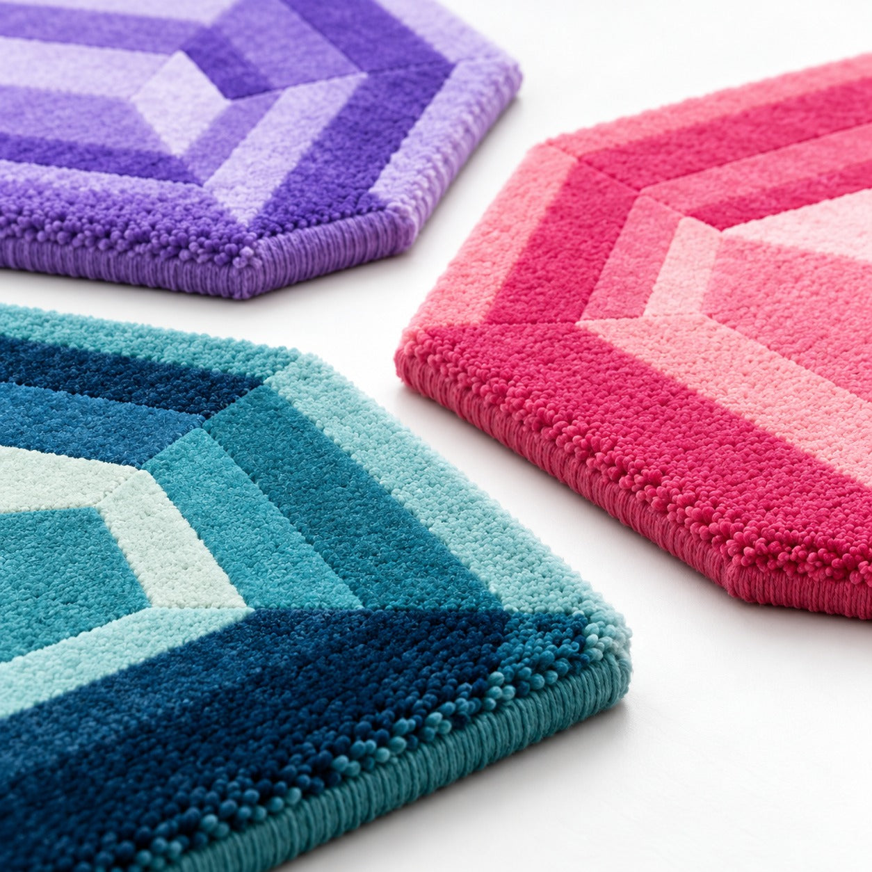 Edge detail of the mini emerald gem rugs in the Mini Gem Emerald Rug Bundle showing the wool pile and carved facets