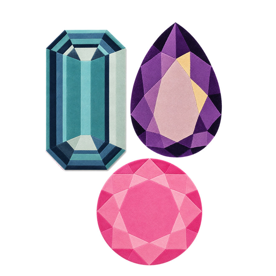 The Mini Gem Rug Bundle, a Blue Emerald, Amethyst Drop and Rose Quartz Round mini gem rug