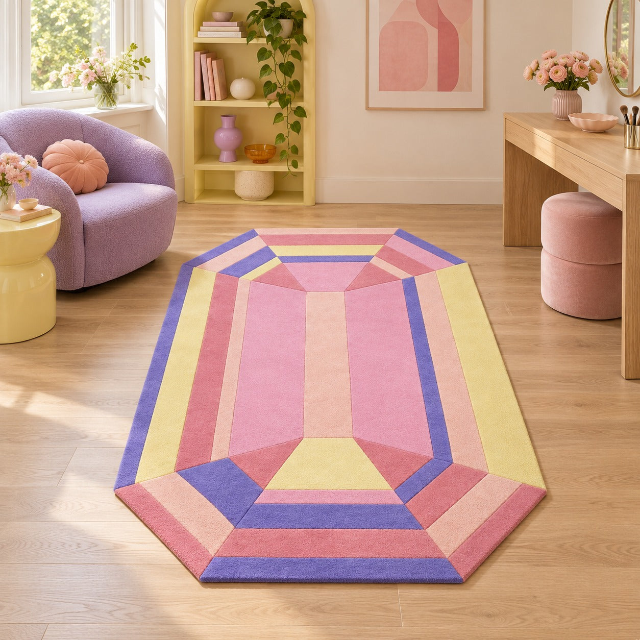 Pastel Prism Emerald Gem Rug on the floor of a bright nursery or playroom