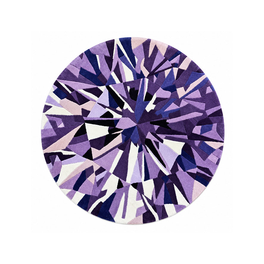 Purple Diamond Round Gem Rug, a round brilliant cut diamond shaped wool rug in purple, lavender and white