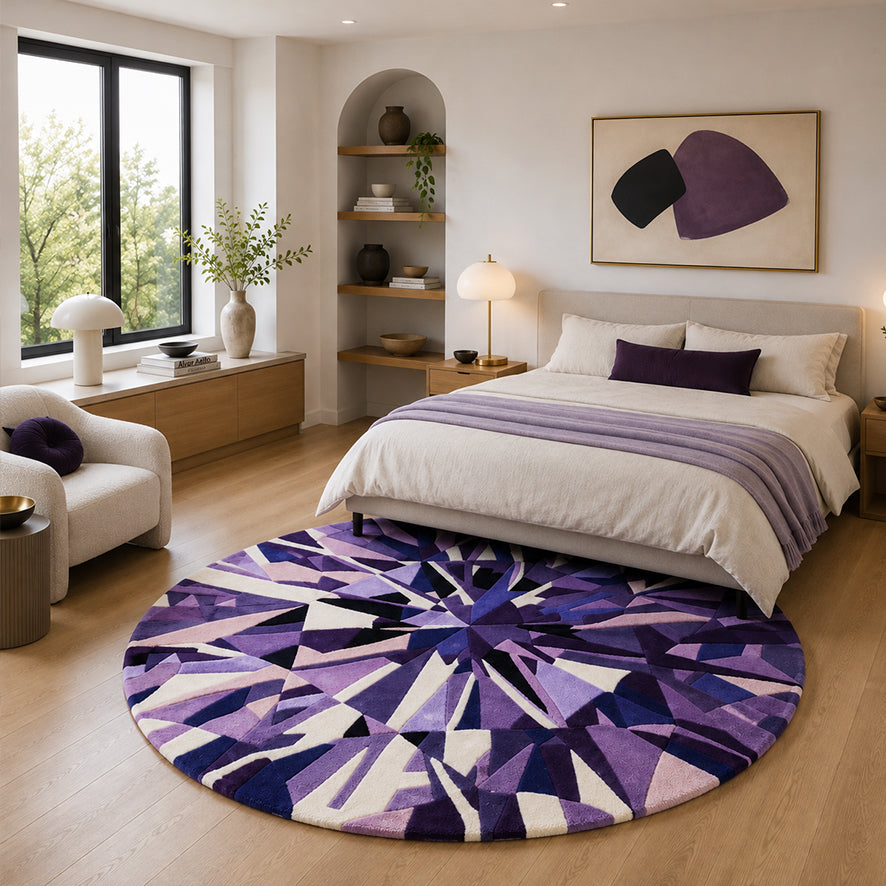 Purple Diamond Round Gem Rug styled at the foot of a bed in a bright bedroom