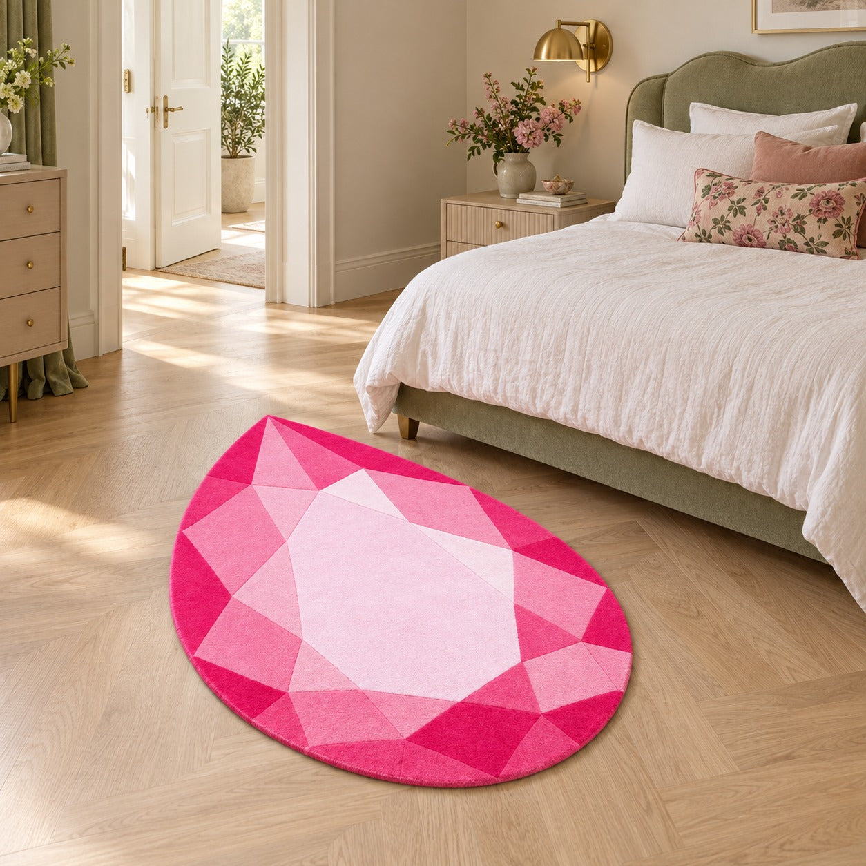 Rose Quartz Drop Gem Rug on the floor at the foot of a bed in a light, romantic bedroom