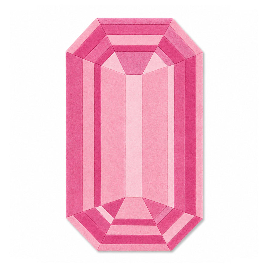 Rose Quartz Emerald Gem Rug, an emerald cut gem shaped wool rug in blush and rose pink