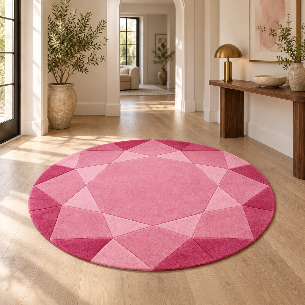 Rose Quartz Round Gem Rug on the floor under a pedestal table in a soft neutral room
