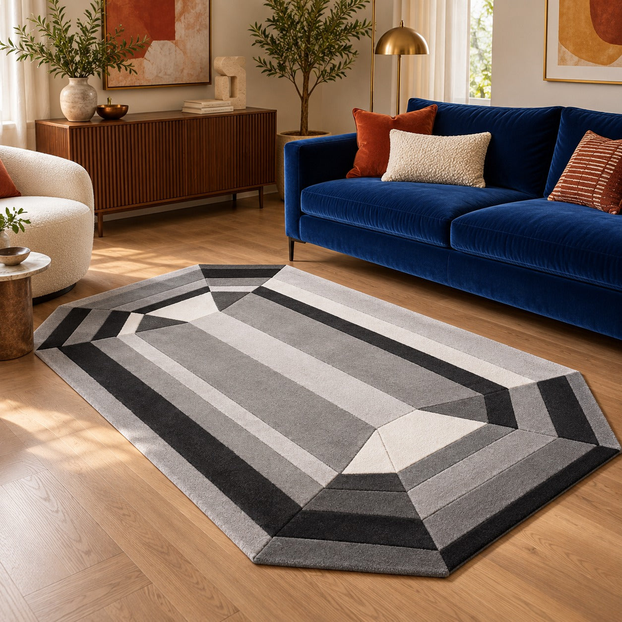 Silver Gray Emerald Gem Rug on the floor of a monochrome living room in front of a sofa