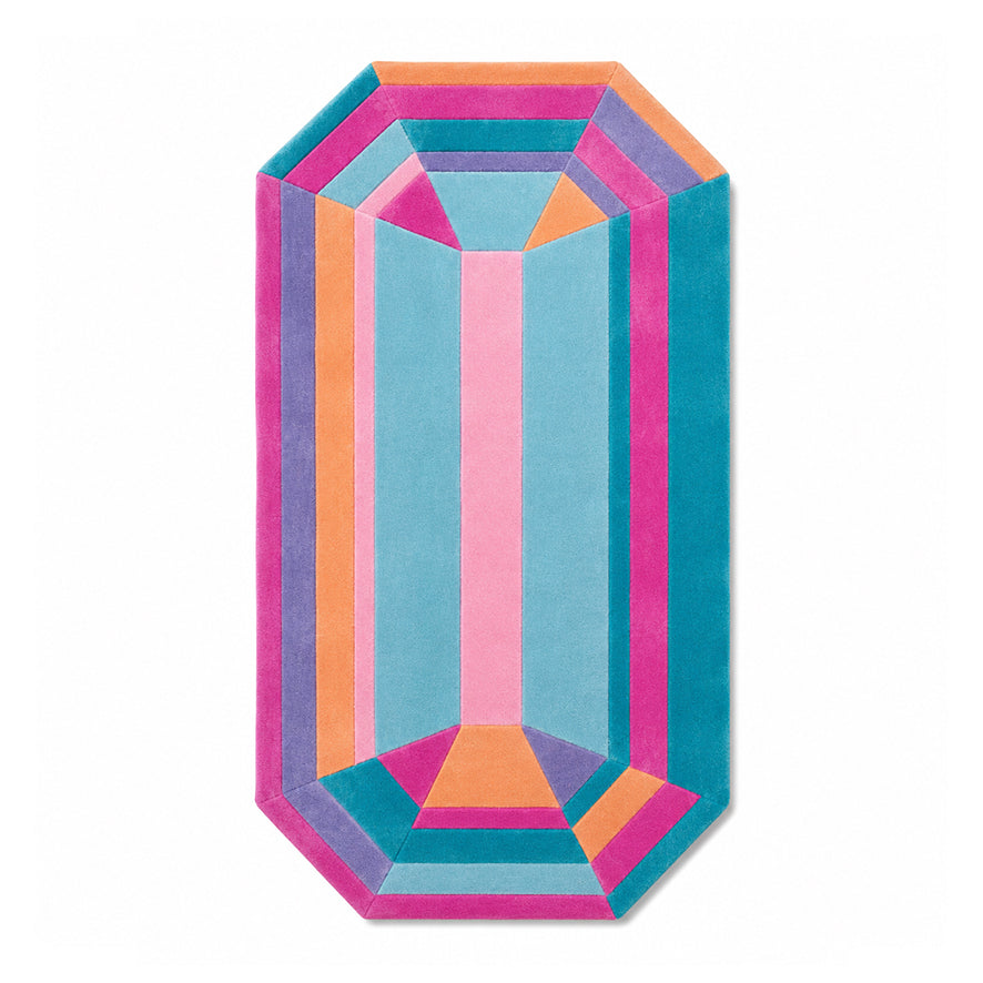 Sydney Emerald Gem Rug, an emerald cut gem shaped wool rug in teal, hot pink, orange and lilac