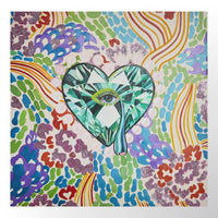 Tear Drop Hearts Artwork, an original painting of a green gem heart with an eye on a colorful pattern