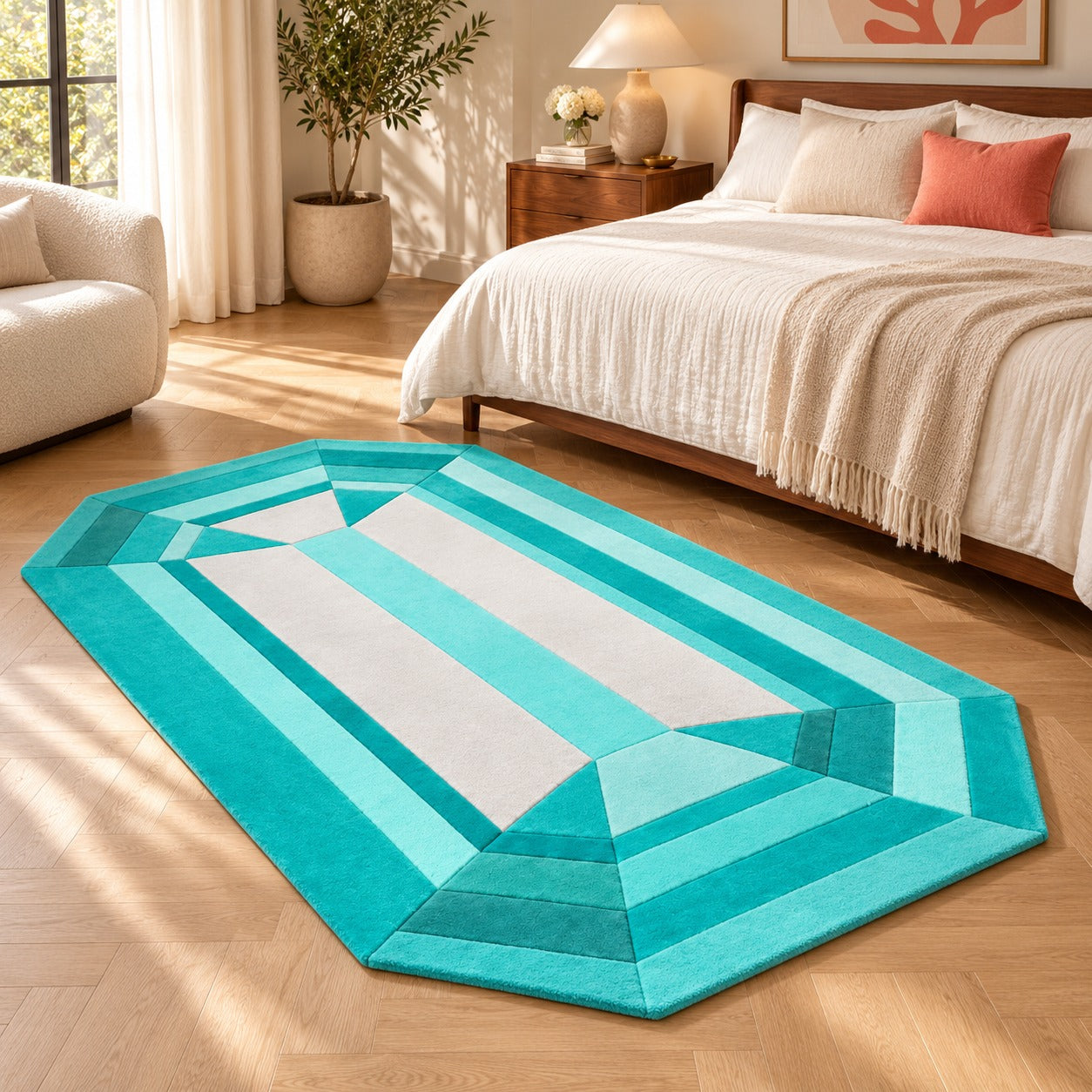 Tia Emerald Gem Rug on the floor of a bright white bedroom with cream linen and a coral accent
