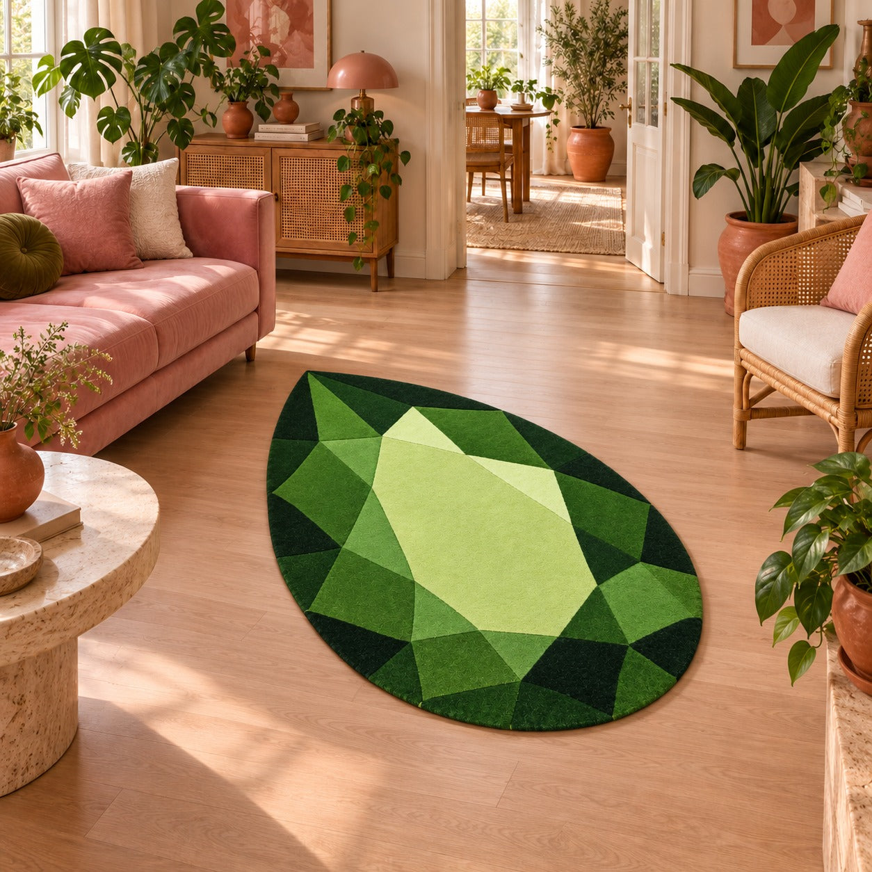 Tsavorite Garnet Drop Gem Rug on the floor of a light room with plants and natural wood