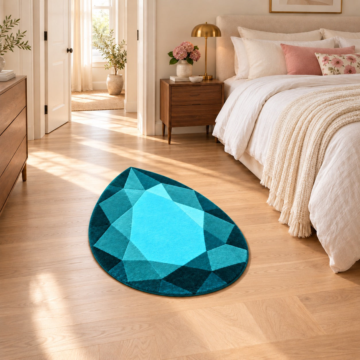 Turquoise Drop Gem Rug on the floor of a bright bathroom or bedroom with white walls